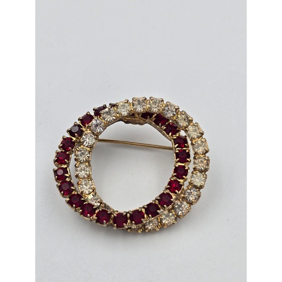 Does not apply Jewelry - Vintage Gold Tone Interlocking Double Circle‎ Rhinestone Brooch Pin Red Clear